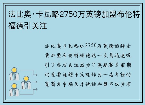法比奥·卡瓦略2750万英镑加盟布伦特福德引关注